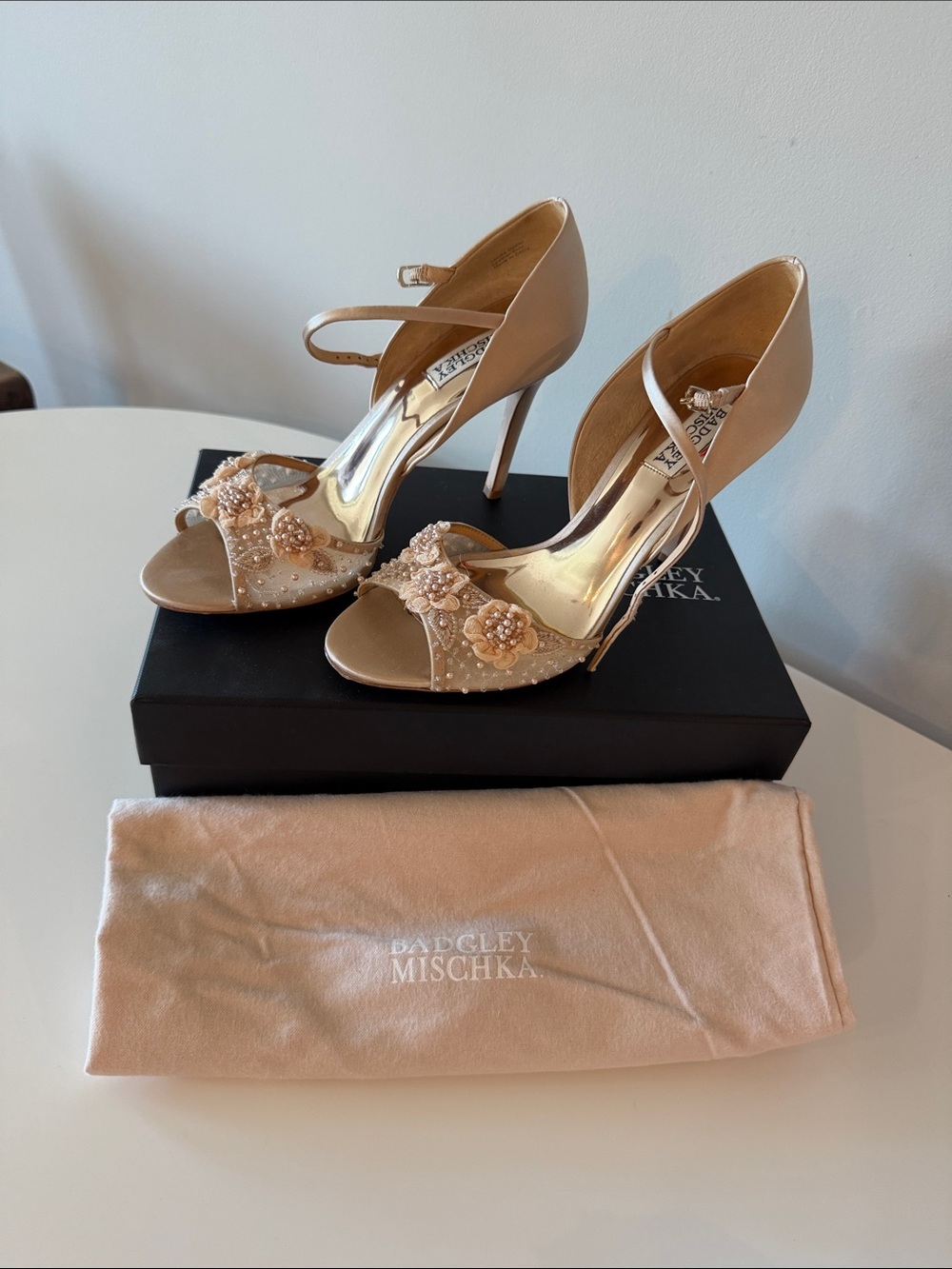 Badgley Mischka Champagne Beaded Floral Peep-Toe Heels